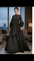 Long Dress with Puffed Sleeves: Black Elegance with Detachable Belt طويل بحزام  فيونكه