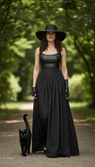 Sleeveless Black Dress with Leather Touch & Velvet Lining – Includes Gloves & Wide Belt|  دريس جلد مع جوانتى