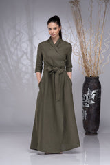 Army Green Linen Dress: Top Rever & Draped Bottom