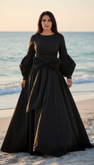 Long Dress with Puffed Sleeves: Black Elegance with Detachable Belt طويل بحزام  فيونكه