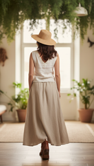 Linen Two-Piece Set – White Top &Flowing Skirt|طقم  توب وجيب