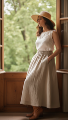 Linen Two-Piece Set – White Top &Flowing Skirt|طقم  توب وجيب