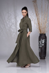 Army Green Linen Dress: Top Rever & Draped Bottom