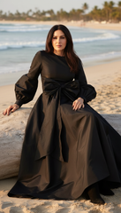 Long Dress with Puffed Sleeves: Black Elegance with Detachable Belt طويل بحزام  فيونكه