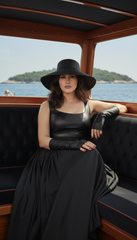 Sleeveless Black Dress with Leather Touch & Velvet Lining – Includes Gloves & Wide Belt|  دريس جلد مع جوانتى