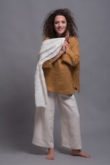 Two-Piece Linen Set – Camel Long-Sleeve Blouse with Wide-Leg White Pants