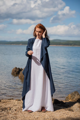 Two-Piece Linen Set – White Sleeveless Dress with Navy Cardigan & With Belt