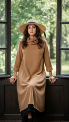 Camel Wool Dress with Oversized Scarf – Warmth & Timeless Style| سبوت