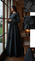 Long Dress with Puffed Sleeves: Black Elegance with Detachable Belt طويل بحزام  فيونكه