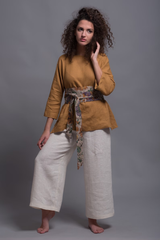 Two-Piece Linen Set – Camel Long-Sleeve Blouse with Wide-Leg White Pants