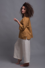 Two-Piece Linen Set – Camel Long-Sleeve Blouse with Wide-Leg White Pants