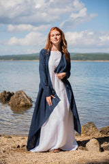 Two-Piece Linen Set – White Sleeveless Dress with Navy Cardigan & With Belt