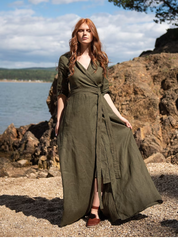 Army Green Linen Dress: Top Rever & Draped Bottom