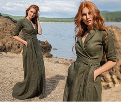 Army Green Linen Dress: Top Rever & Draped Bottom