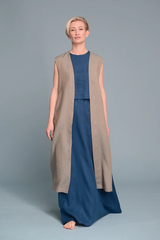 3-Piece Set: Navy Skirt, Short Navy Top & Beige Sleeveless Cardigan