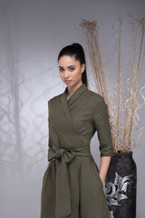 Army Green Linen Dress: Top Rever & Draped Bottom