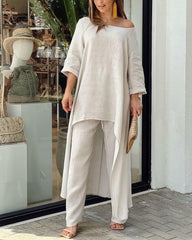 2-Piece Pure Linen Set: Pants & Blouse in Beige, White & Orange