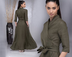 Army Green Linen Dress: Top Rever & Draped Bottom