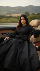 Long Dress with Puffed Sleeves: Black Elegance with Detachable Belt طويل بحزام  فيونكه