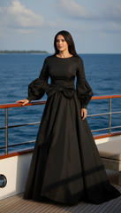 Long Dress with Puffed Sleeves: Black Elegance with Detachable Belt طويل بحزام  فيونكه