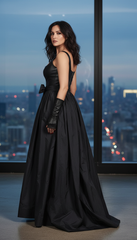 Sleeveless Black Dress with Leather Touch & Velvet Lining – Includes Gloves & Wide Belt|  دريس جلد مع جوانتى