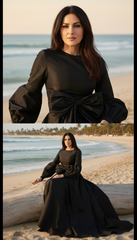 Long Dress with Puffed Sleeves: Black Elegance with Detachable Belt طويل بحزام  فيونكه