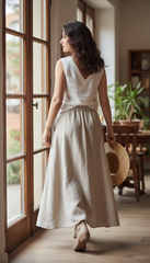 Linen Two-Piece Set – White Top &Flowing Skirt|طقم  توب وجيب