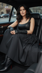 Sleeveless Black Dress with Leather Touch & Velvet Lining – Includes Gloves & Wide Belt|  دريس جلد مع جوانتى