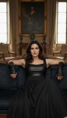 Sleeveless Black Dress with Leather Touch & Velvet Lining – Includes Gloves & Wide Belt|  دريس جلد مع جوانتى