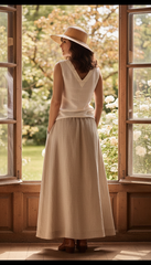 Linen Two-Piece Set – White Top &Flowing Skirt|طقم  توب وجيب