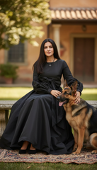 Long Dress with Puffed Sleeves: Black Elegance with Detachable Belt طويل بحزام  فيونكه