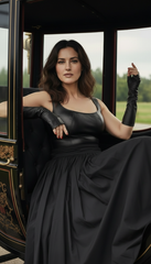 Sleeveless Black Dress with Leather Touch & Velvet Lining – Includes Gloves & Wide Belt|  دريس جلد مع جوانتى