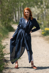 Two-Piece Linen Set – White Sleeveless Dress with Navy Cardigan & With Belt