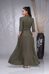 Army Green Linen Dress: Top Rever & Draped Bottom