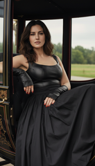 Sleeveless Black Dress with Leather Touch & Velvet Lining – Includes Gloves & Wide Belt|  دريس جلد مع جوانتى