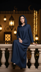 Navy Linen Kaftan: Side Pockets & Hidden Magic Zipper | سوسته سحريه