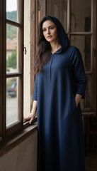 Navy Linen Kaftan: Side Pockets & Hidden Magic Zipper | سوسته سحريه
