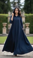 Navy Linen Kaftan: Side Pockets & Hidden Magic Zipper | سوسته سحريه