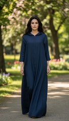 Navy Linen Kaftan: Side Pockets & Hidden Magic Zipper | سوسته سحريه