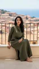 Practical Linen Kaftan in Army Green & White: for Every Occasion| فتحتين  ( زيتى  او ابيض