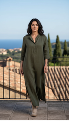 Practical Linen Kaftan in Army Green & White: for Every Occasion| فتحتين  ( زيتى  او ابيض