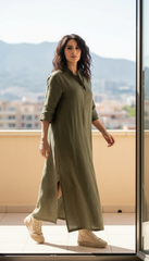 Practical Linen Kaftan in Army Green & White: for Every Occasion| فتحتين  ( زيتى  او ابيض