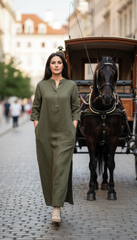 Practical Linen Kaftan in Army Green & White: for Every Occasion| فتحتين  ( زيتى  او ابيض