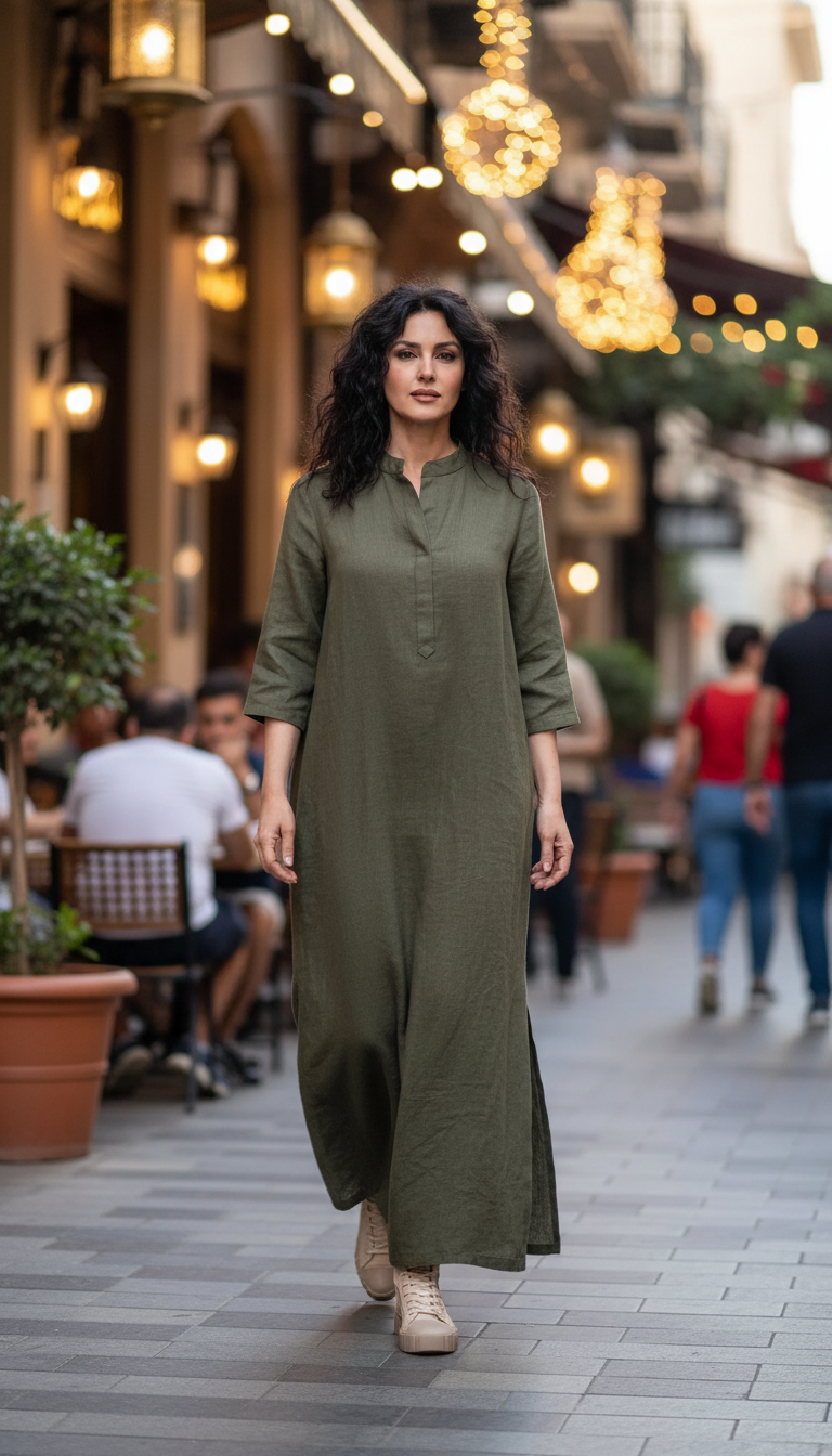 Practical Linen Kaftan in Army Green & White: for Every Occasion| فتحتين  ( زيتى  او ابيض