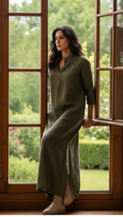 Practical Linen Kaftan in Army Green & White: for Every Occasion| فتحتين  ( زيتى  او ابيض