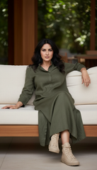 Practical Linen Kaftan in Army Green & White: for Every Occasion| فتحتين  ( زيتى  او ابيض