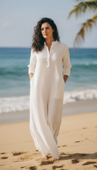 Practical Linen Kaftan in Army Green & White: for Every Occasion| فتحتين  ( زيتى  او ابيض
