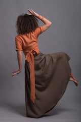 Two-Piece Linen Set – Brown Skirt & Wrap Orange Top