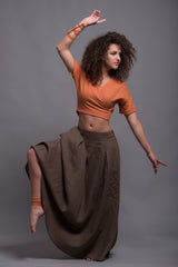Two-Piece Linen Set – Brown Skirt & Wrap Orange Top