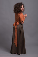 Two-Piece Linen Set – Brown Skirt & Wrap Orange Top